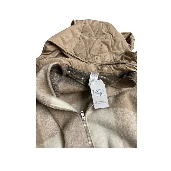Time And Tru Stone Plaid Hooded Zipper Poncho Sweater - Picture 6 of 11